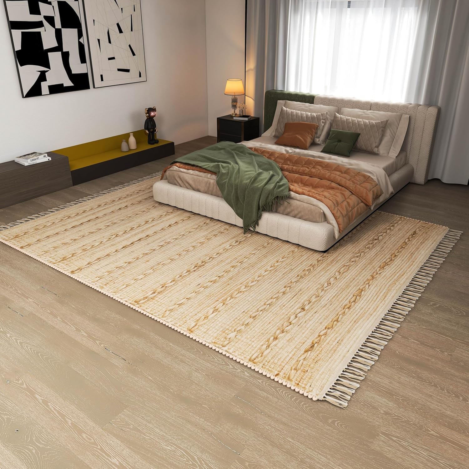 Rustic Jute Area Rug, 9'x12' Natural Braided Beige Bohemian Farmhouse Style Carpet – 0.5-Inch Thick Handwoven Design for Bedroom and Living Room Décor