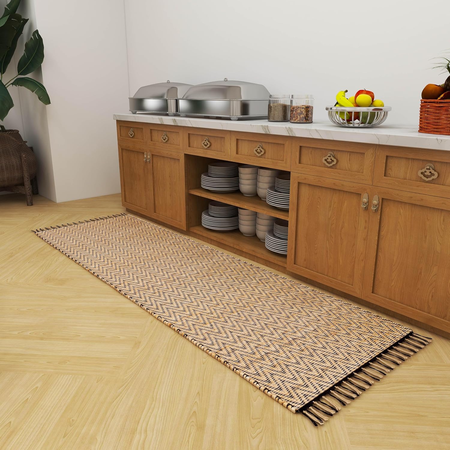 Handwoven Jute Runner, 2.6'x8' Black Wavy Natural Rug – Vintage Modern Eco-Friendly Accent for Living Room, Entryway, Kitchen, and Bathroom Décor