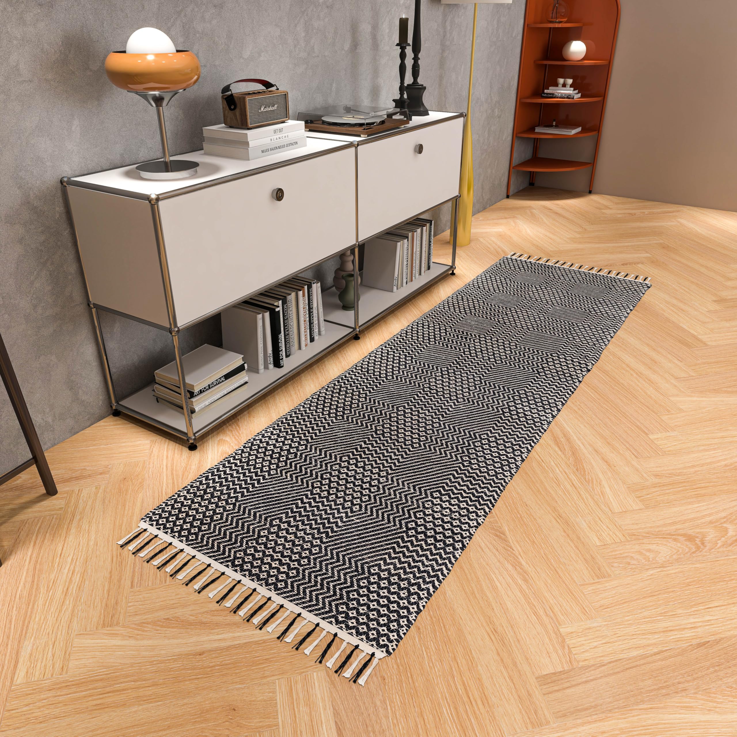 Eco Crave Jute Cotton Runner for Hallways 2.6x8 ft Handcrafted Natural Fiber Braided Indoor Floor Carpet, Farmhouse Entryway Runner Rug Perfect for Bedroom, Living Room, Kitchen Entry Mat, Black/White