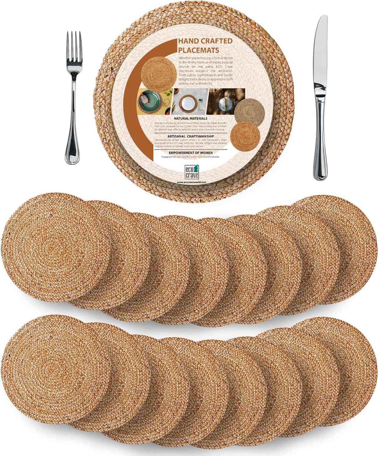 Woven Round Jute Placemats Set of 16 – Boho Farmhouse Design Non-Slip Handwoven Table Mats for Dining, Kitchen, and Wedding Décor