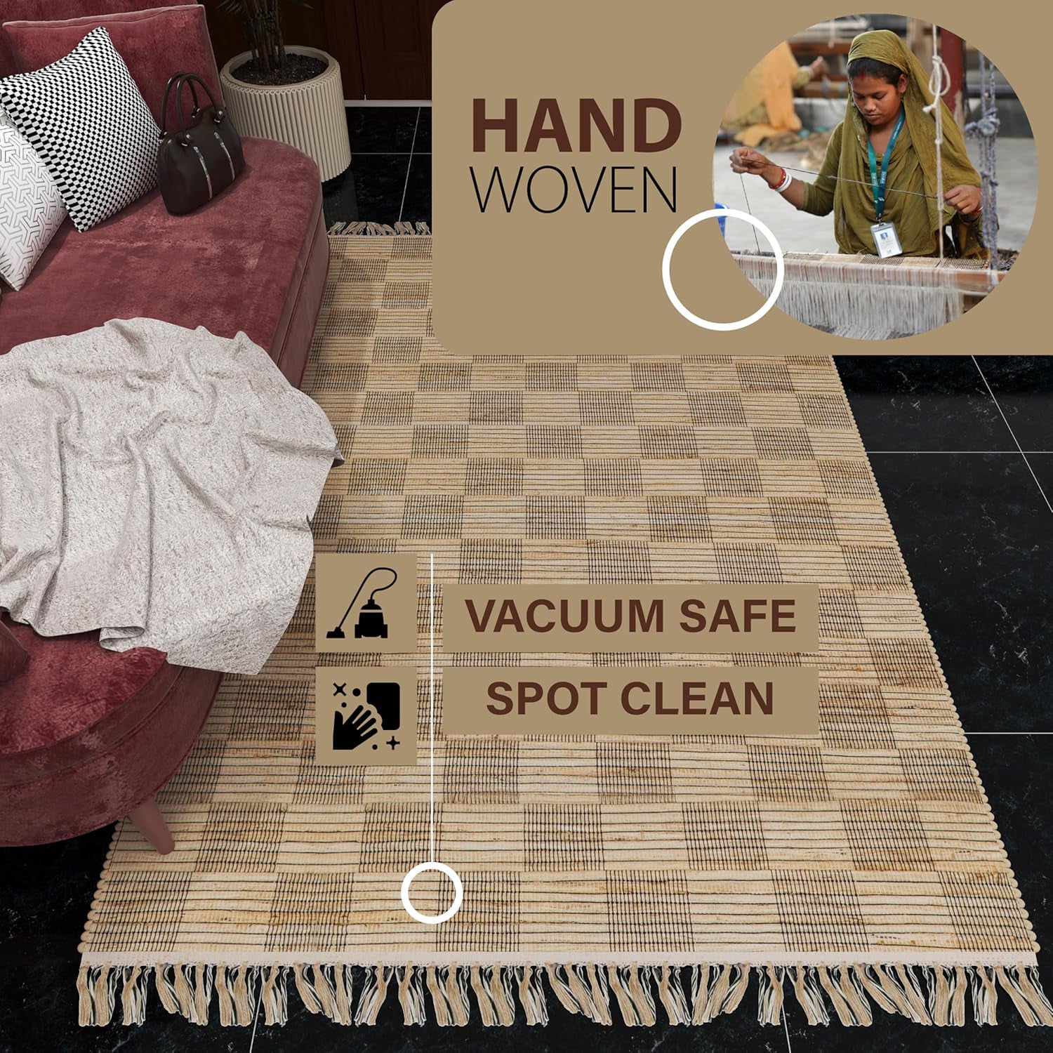 Natural 3x5 Handwoven Geometric Jute Rug – Low-Pile Tan Accent Carpet for Entryway, Kitchen, Bedroom, and Bathroom – Premium Home Décor