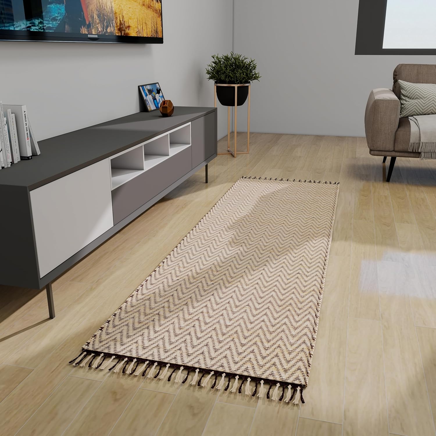 Handwoven Jute Runner, 2.6'x8' Black Wavy Natural Rug – Vintage Modern Eco-Friendly Accent for Living Room, Entryway, Kitchen, and Bathroom Décor