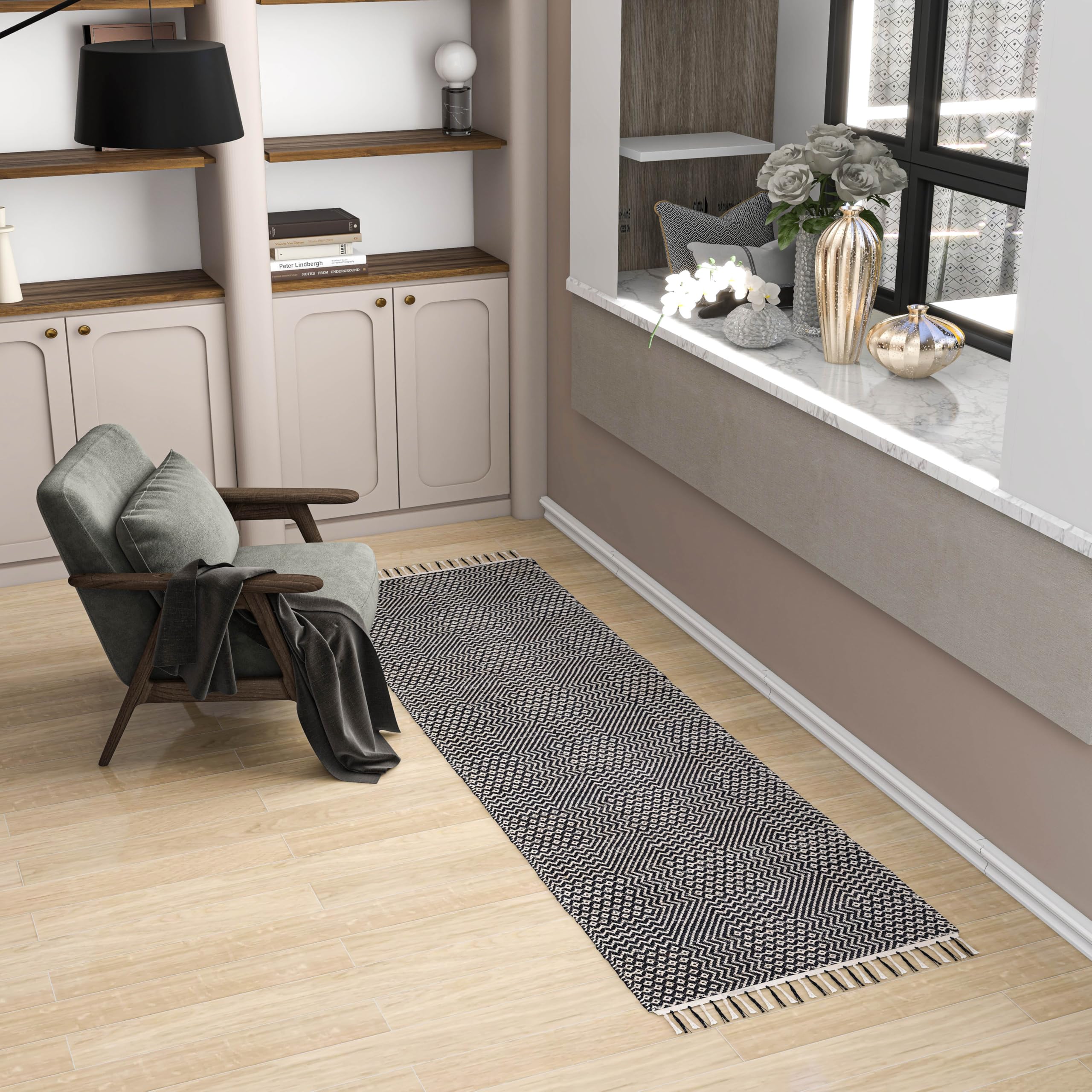 Eco Crave Jute Cotton Runner for Hallways 2.6x8 ft Handcrafted Natural Fiber Braided Indoor Floor Carpet, Farmhouse Entryway Runner Rug Perfect for Bedroom, Living Room, Kitchen Entry Mat, Black/White