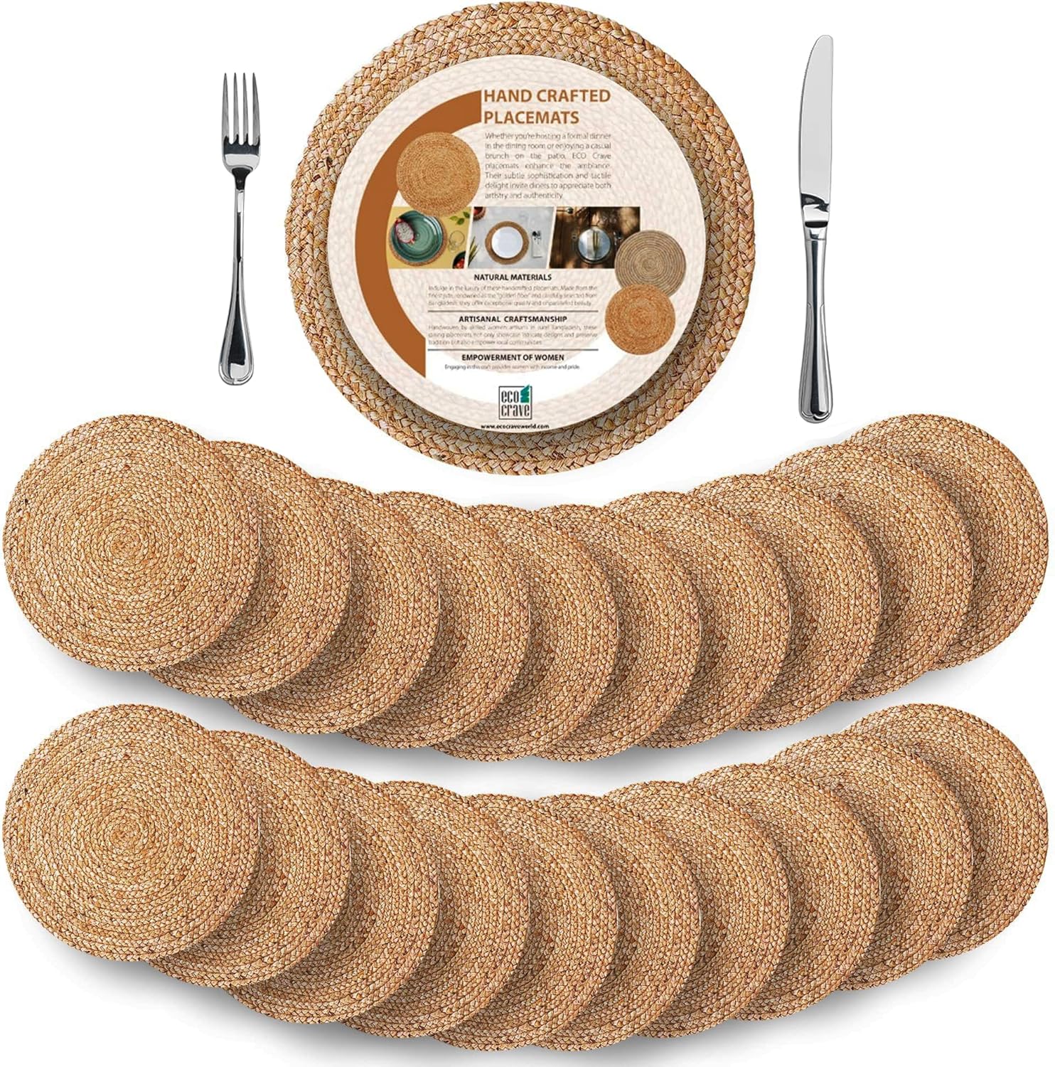 Woven Round Jute Placemats Set of 20 – 100% Natural 13x13 Inch Non-Slip Handcrafted Boho Farmhouse Mats for Dining Table and Kitchen Décor