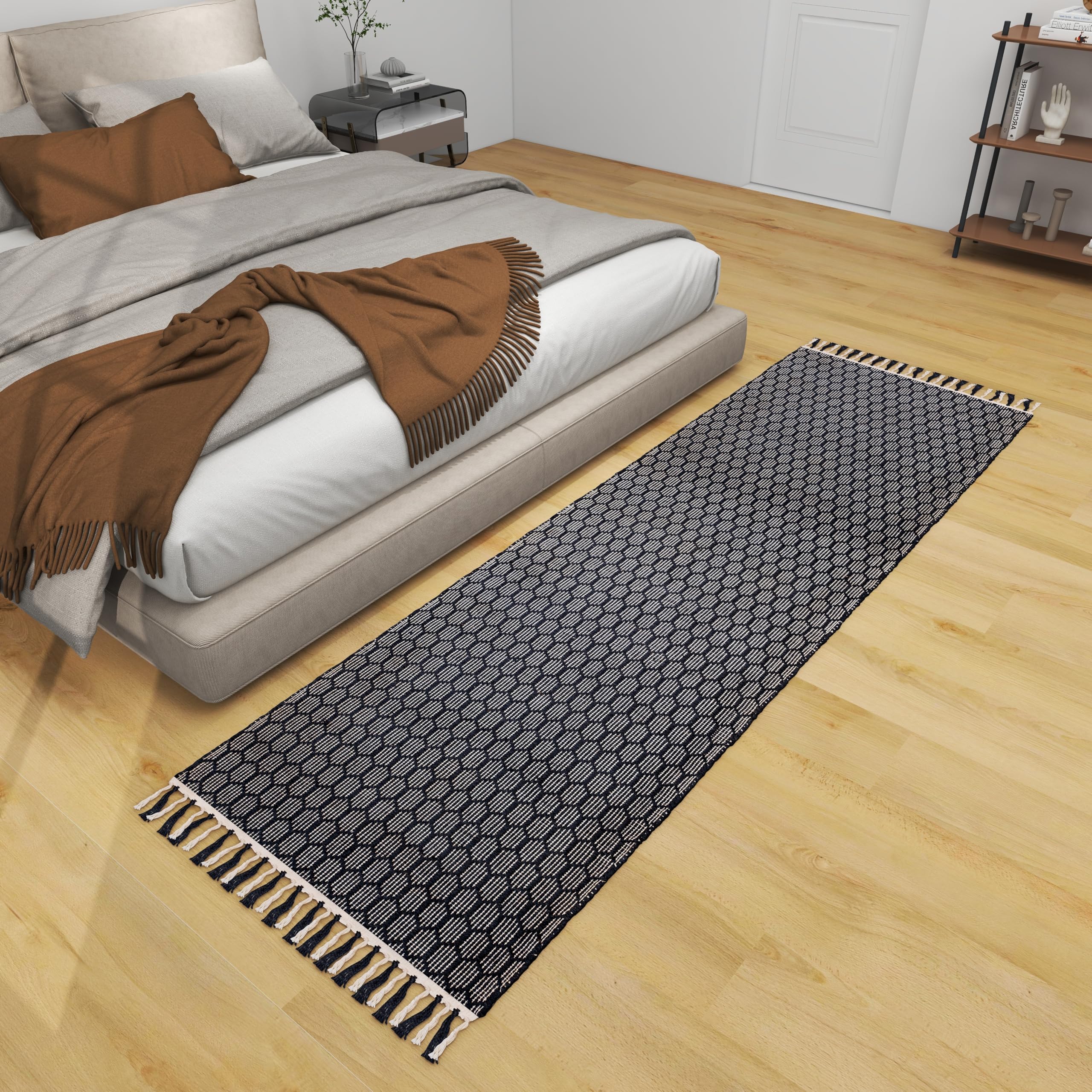 Farmhouse Cotton Rug, 2.6'x8' Black Handwoven Geometric Entryway Mat, Washable Kitchen Runner, Bathroom Carpet, Front Door Accent Rug Décor