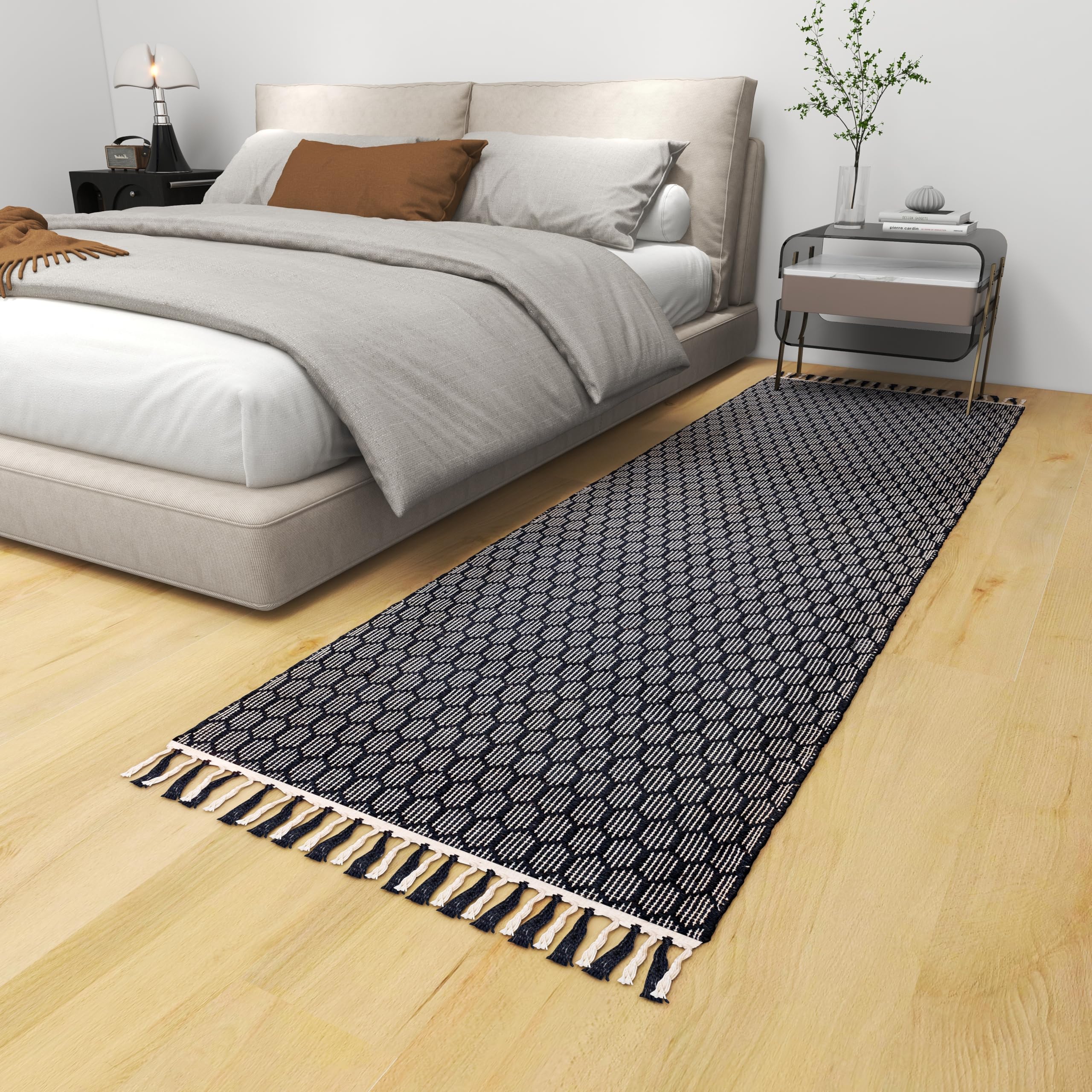 Farmhouse Cotton Rug, 2.6'x8' Black Handwoven Geometric Entryway Mat, Washable Kitchen Runner, Bathroom Carpet, Front Door Accent Rug Décor