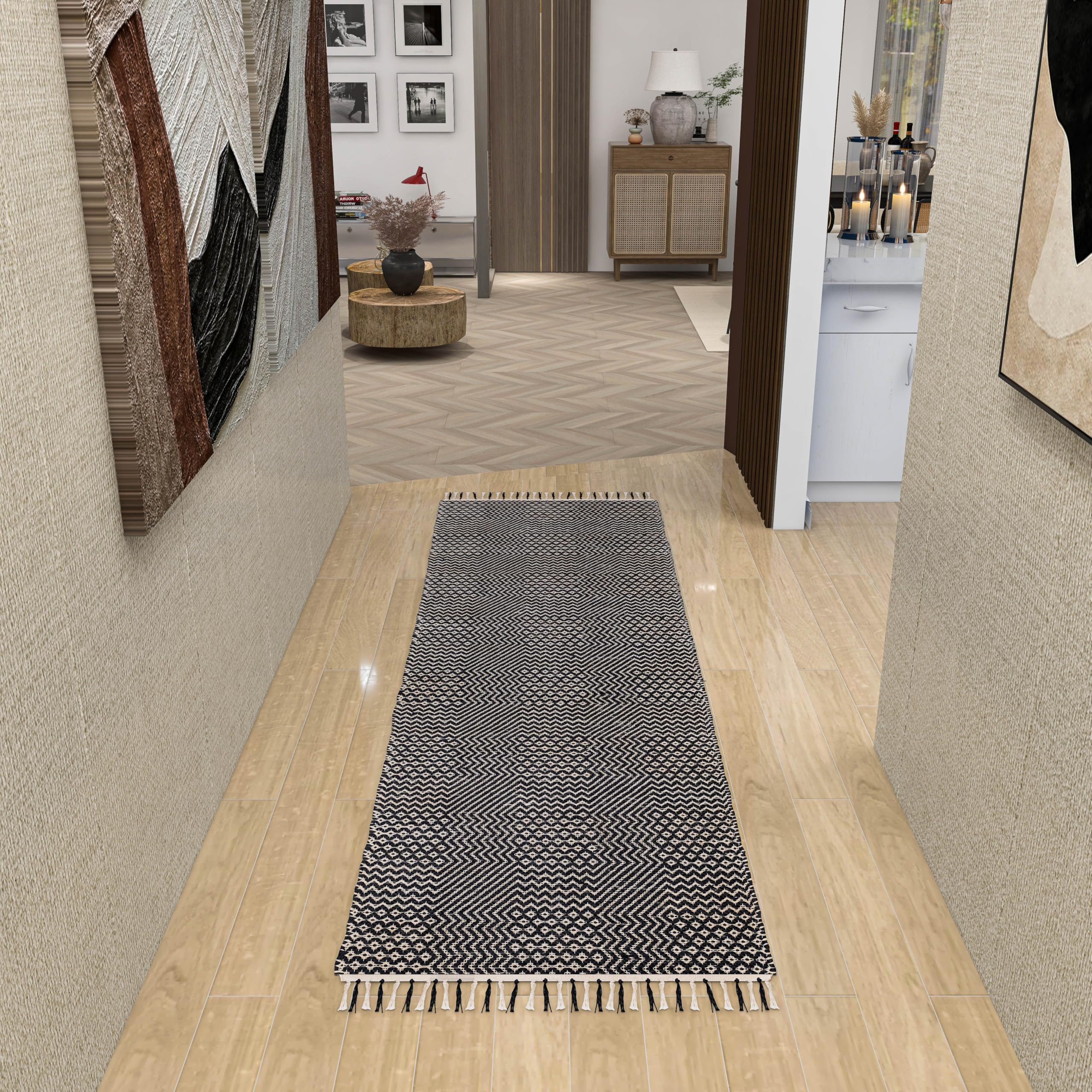 Eco Crave Jute Cotton Runner for Hallways 2.6x8 ft Handcrafted Natural Fiber Braided Indoor Floor Carpet, Farmhouse Entryway Runner Rug Perfect for Bedroom, Living Room, Kitchen Entry Mat, Black/White