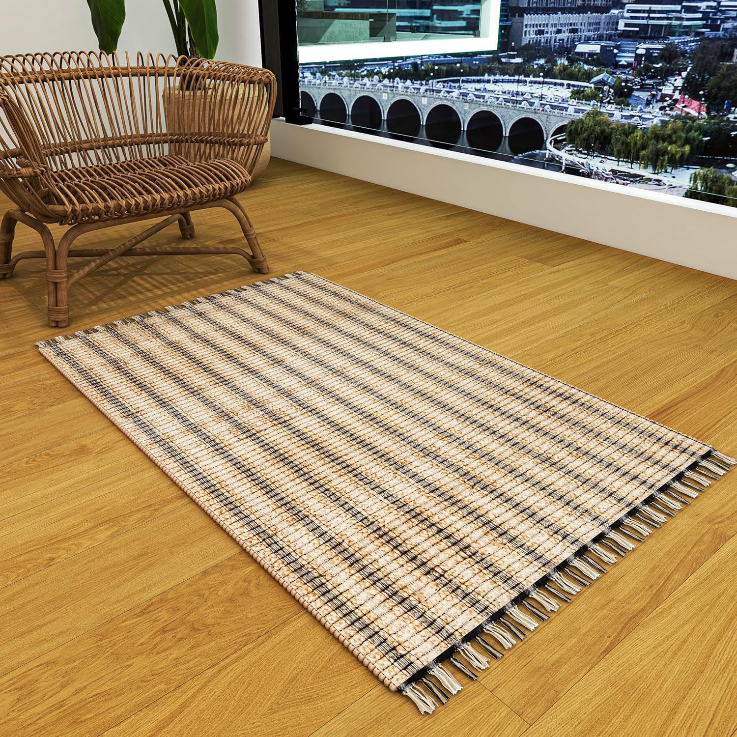 Natural Jute Area Rug, 3'x5' Handwoven Low-Pile Rustic Accent – Vintage Modern Farmhouse Style Décor for Entryway, Kitchen, Bedroom, and Bathroom