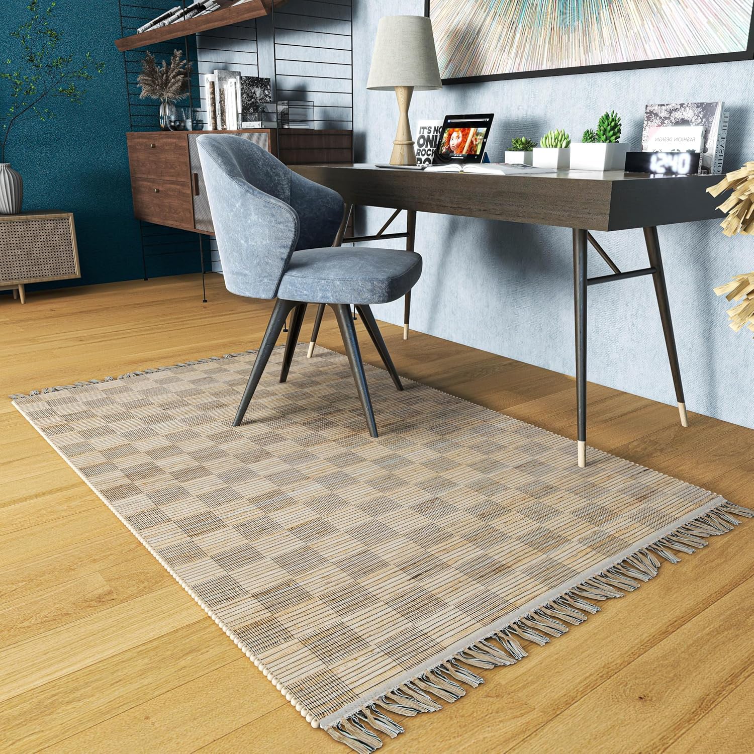 Natural 3x5 Handwoven Geometric Jute Rug – Low-Pile Tan Accent Carpet for Entryway, Kitchen, Bedroom, and Bathroom – Premium Home Décor