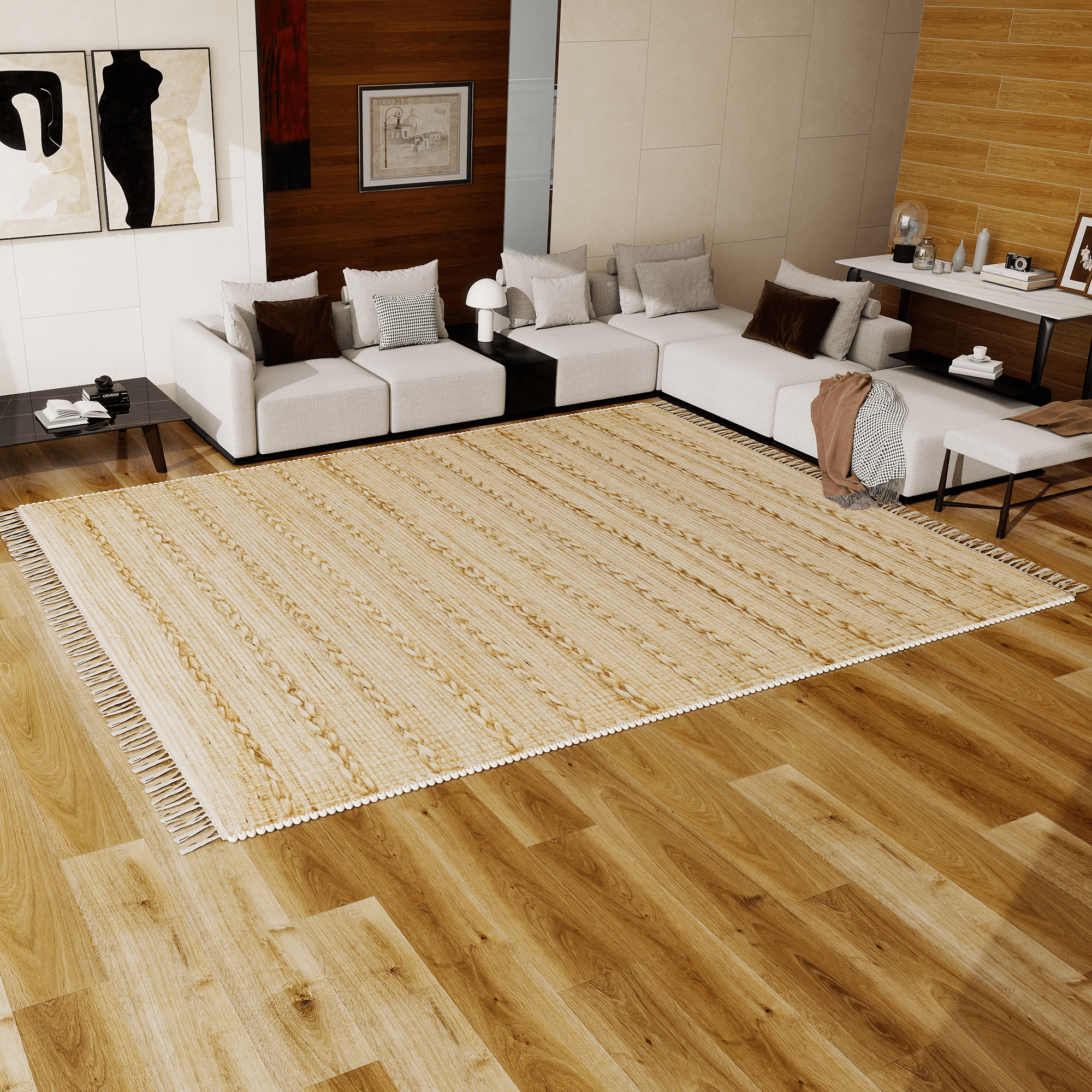 Rustic Jute Area Rug, 9'x12' Natural Braided Beige Bohemian Farmhouse Style Carpet – 0.5-Inch Thick Handwoven Design for Bedroom and Living Room Décor