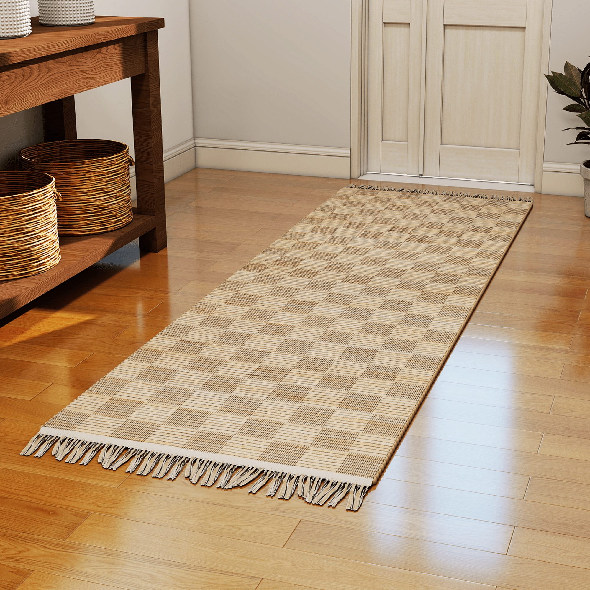 Natural Handwoven Geometric Jute Runner Rug, 2.6'x8' Low-Pile Tan Indoor Accent Carpet – Premium Farmhouse Décor for Entryway, Kitchen, and Bathroom