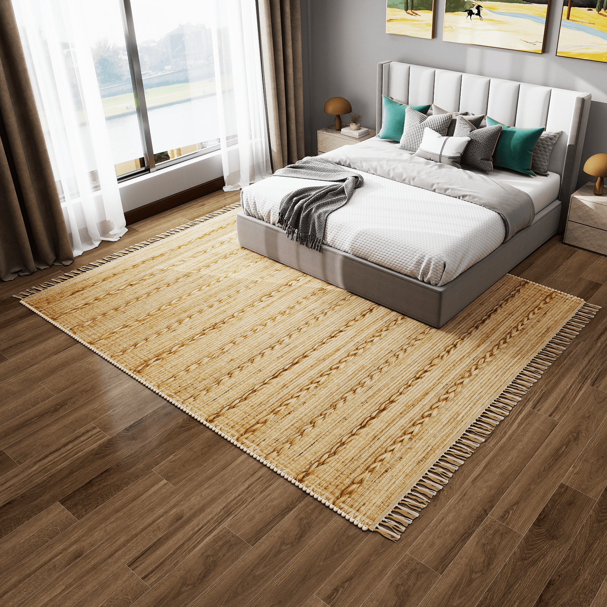 Rustic Jute Area Rug, 9'x12' Natural Braided Beige Bohemian Farmhouse Style Carpet – 0.5-Inch Thick Handwoven Design for Bedroom and Living Room Décor