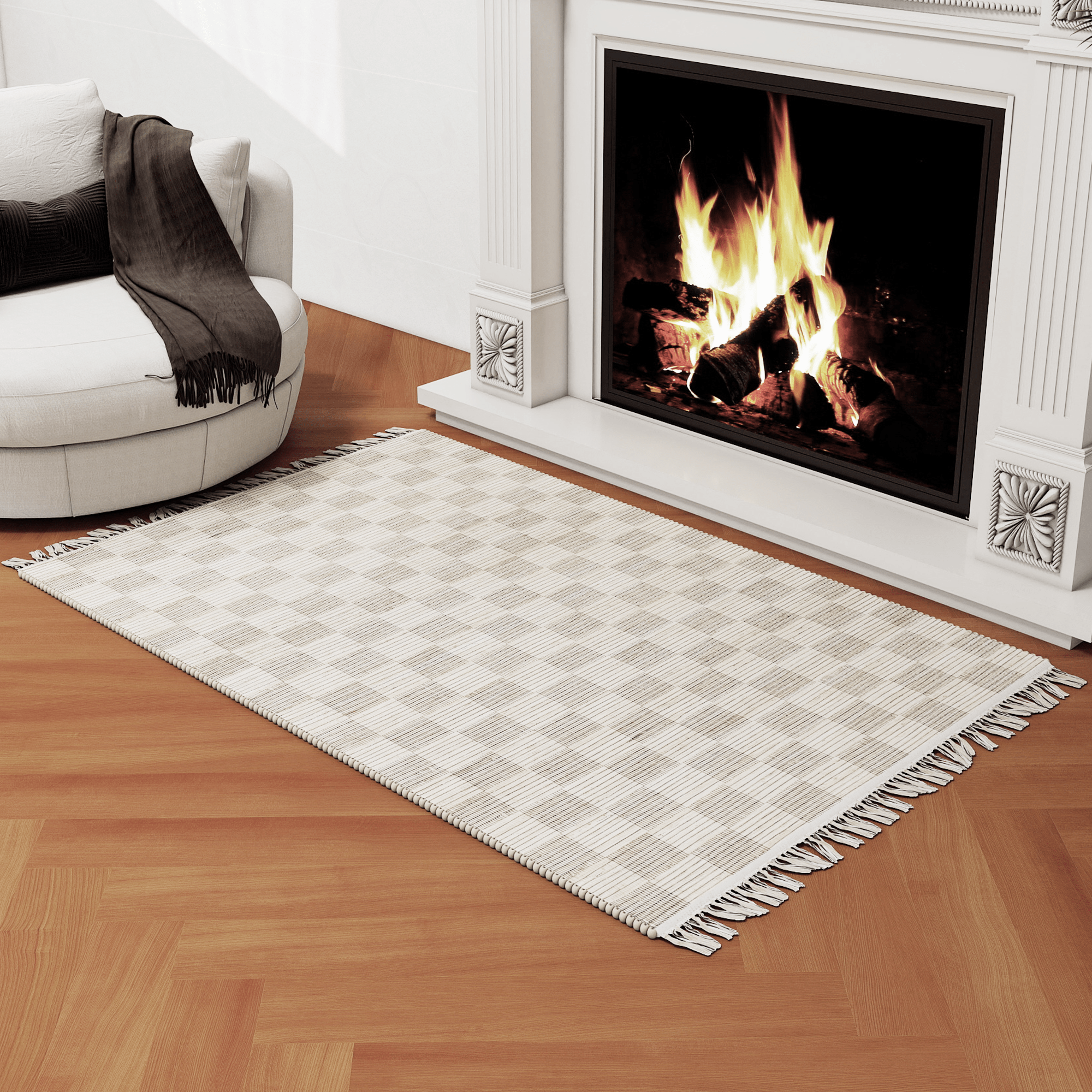 Natural 3x5 Handwoven Geometric Jute Rug – Low-Pile Tan Accent Carpet for Entryway, Kitchen, Bedroom, and Bathroom – Premium Home Décor