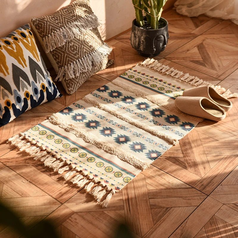 Retro Bohemian Hand Woven Tassel Carpet for Home Living Room