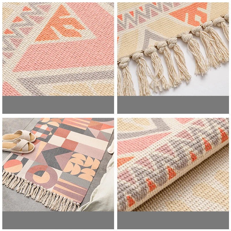 Cotton Linen Hand Woven Entrance Hallway Door Mat With Tassel