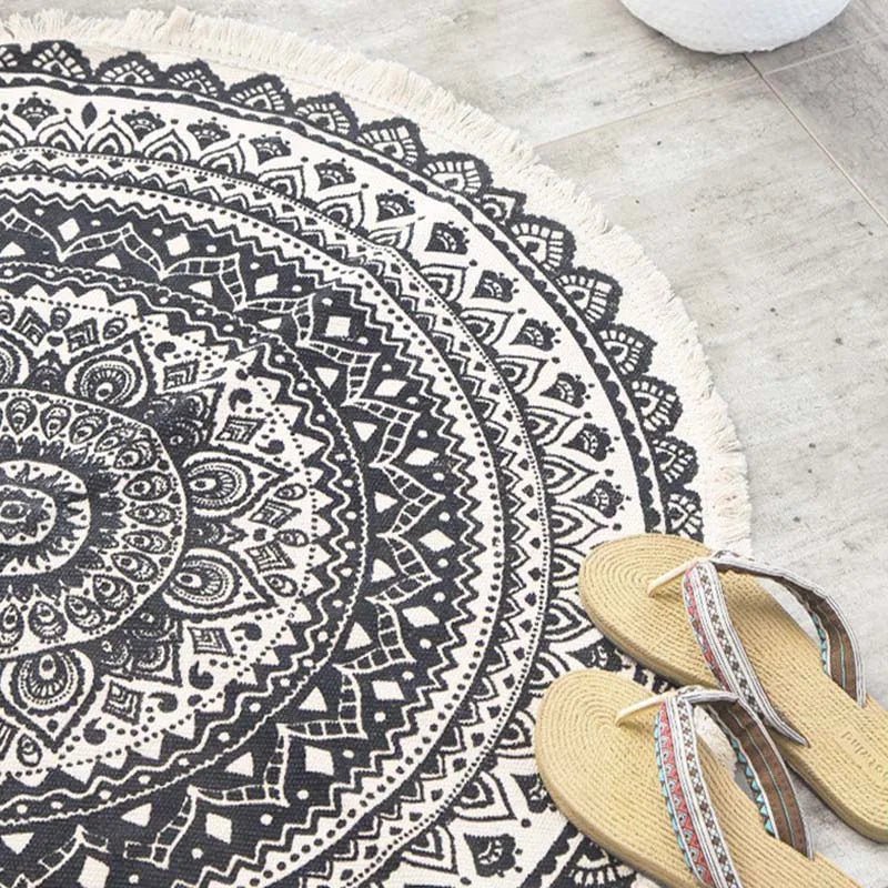 Boho Ethnic Round Carpet Tassel Rugs - Black Blue Mandala Linen Carpet