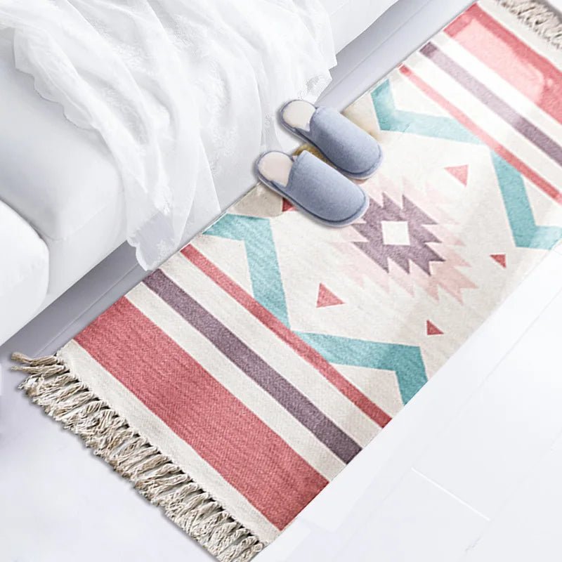 Retro Bohemian Hand Woven Cotton Linen Carpet with Tassel