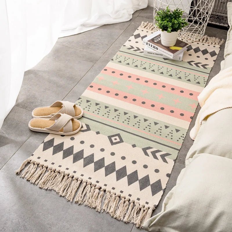 Cotton Linen Hand Woven Entrance Hallway Door Mat With Tassel