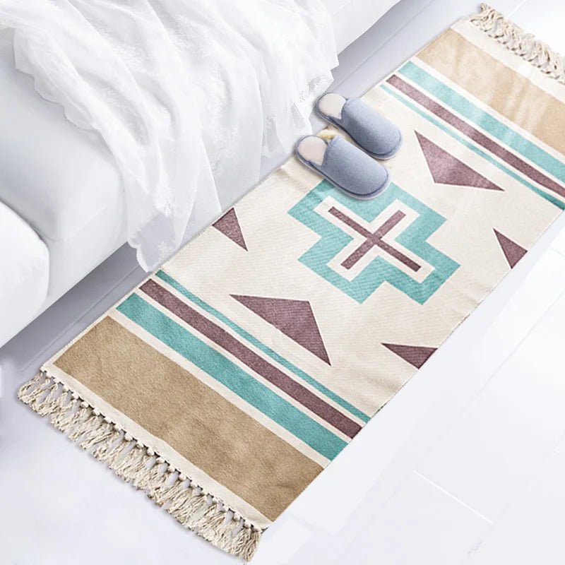 Retro Bohemian Hand Woven Cotton Linen Carpet with Tassel