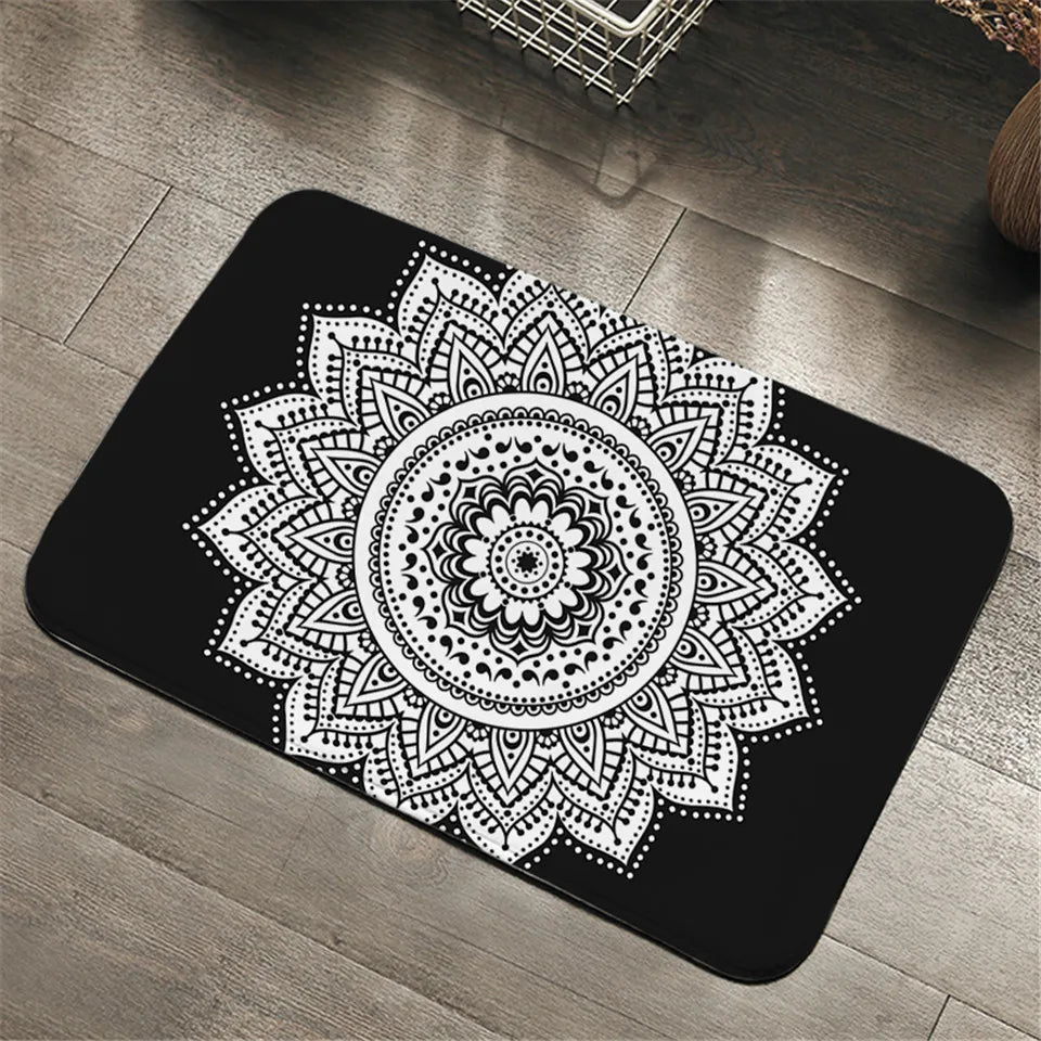 Modern Non-slip Black and White Floral Kitchen Bathroom Mat