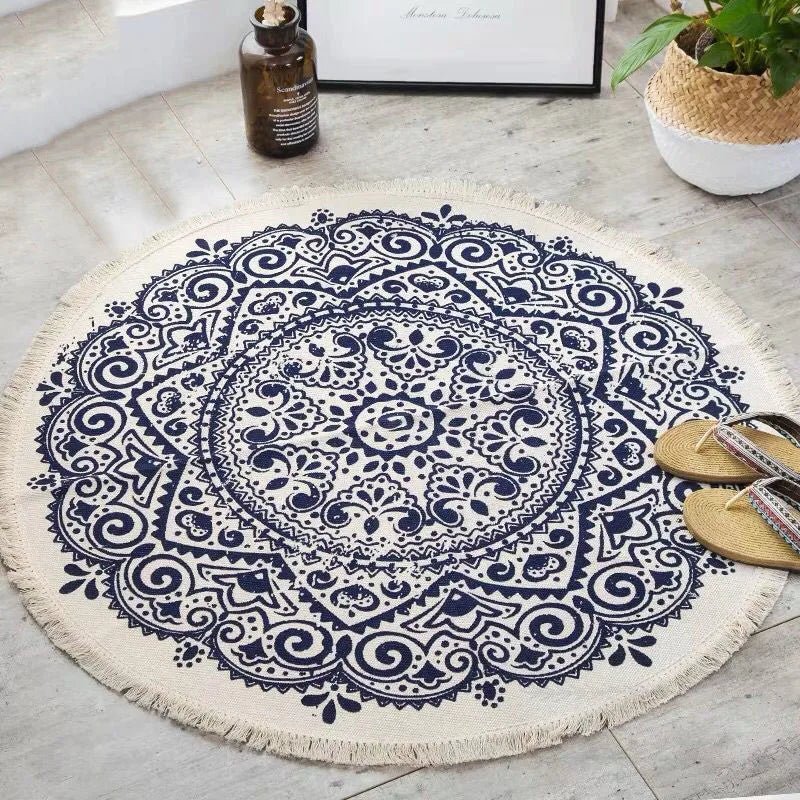 Nordic Round Carpet Boho Ethnic Tassel Rugs Black Blue Indian Carpet for Living Room Modern Classic Cotton Linen Morocco Carpets