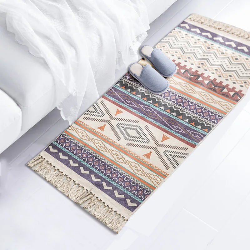 Retro Bohemian Hand Woven Cotton Linen Carpet with Tassel