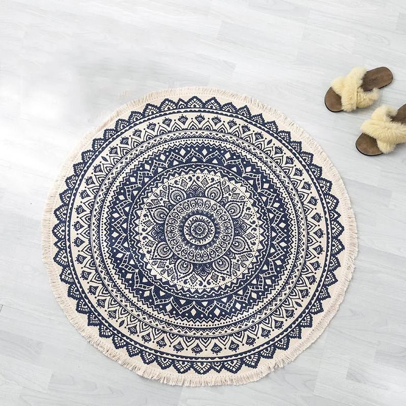 Boho Ethnic Round Carpet Tassel Rugs - Black Blue Mandala Linen Carpet