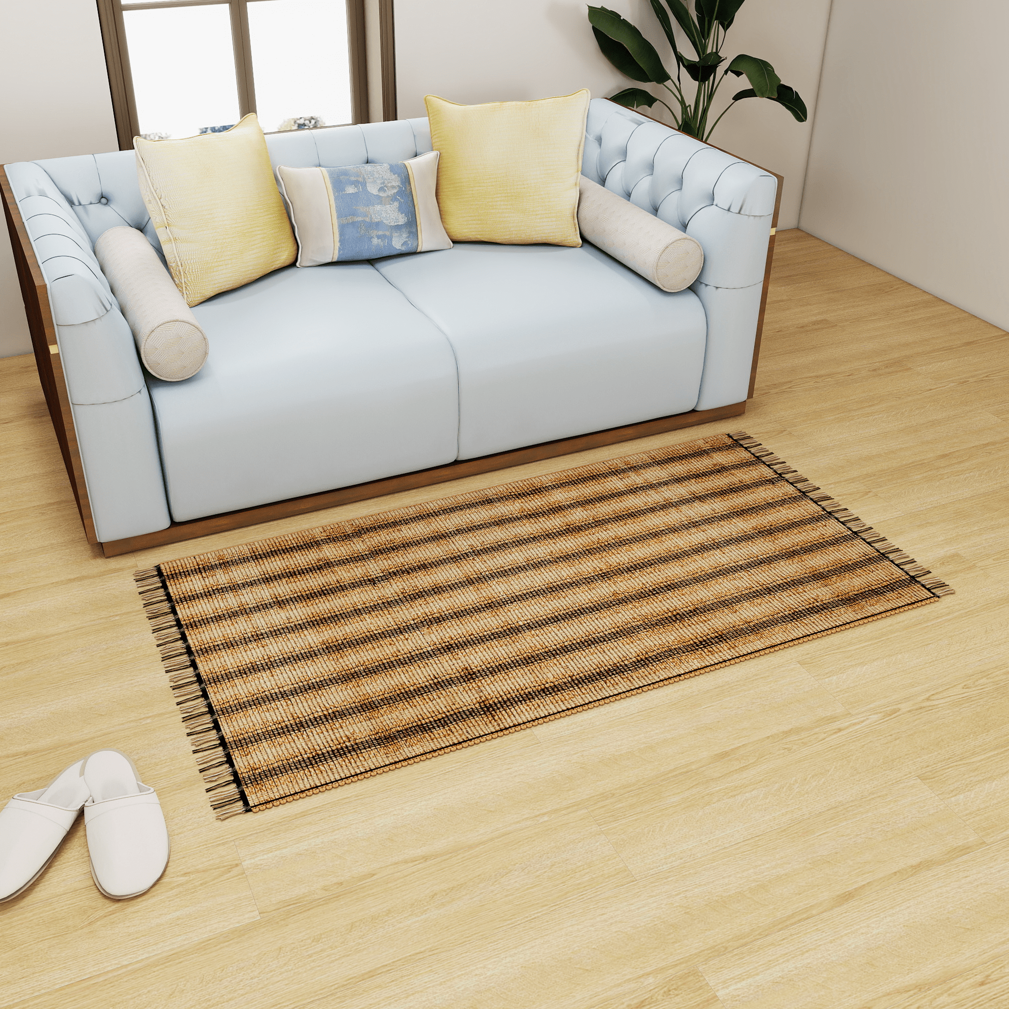 Natural Jute Area Rug, 3'x5' Handwoven Low-Pile Rustic Accent – Vintage Modern Farmhouse Style Décor for Entryway, Kitchen, Bedroom, and Bathroom