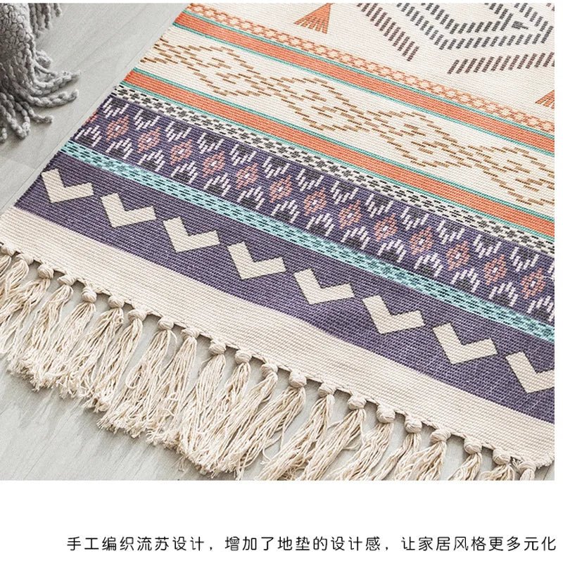 Retro Bohemian Hand Woven Cotton Linen Carpet with Tassel