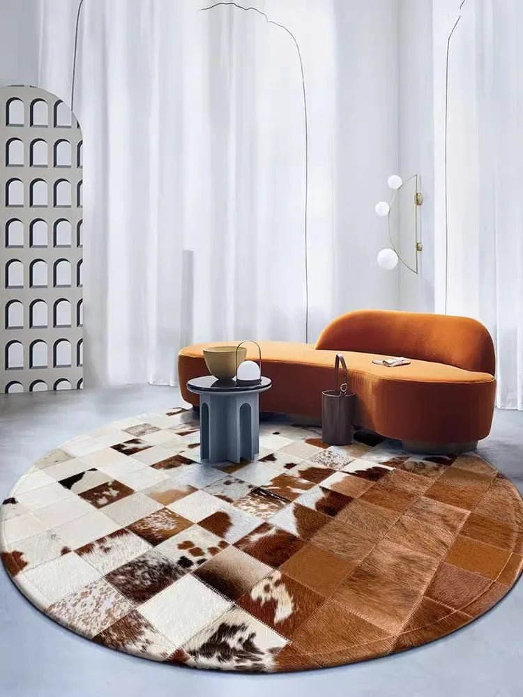 Handmade Patchwork Genuine Cowhide Round Rug For Bedroom