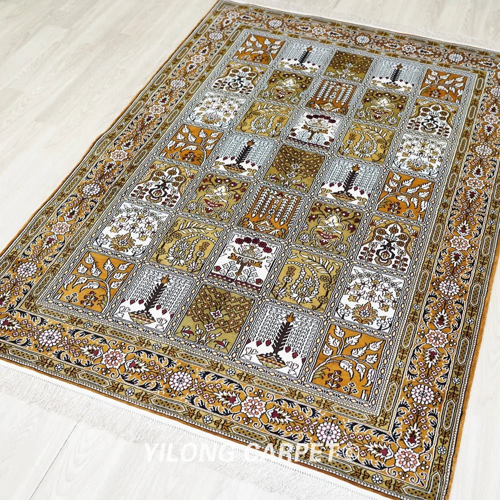 Hand Knotted Silk Area Rug Garden Scene Durable Traditional Carpet - 100% Silk