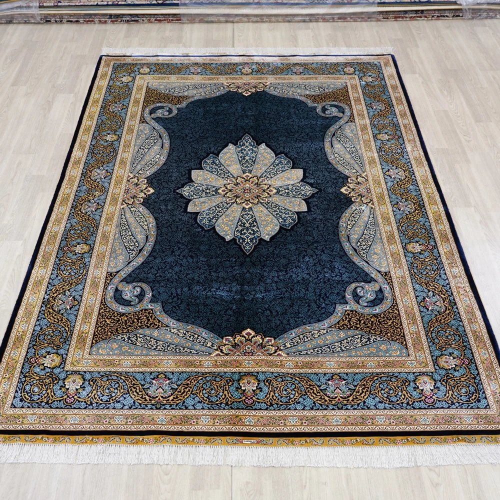 Turkish Silk Vintage Traditional Blue Hand Knotted Rugs - Home Decor