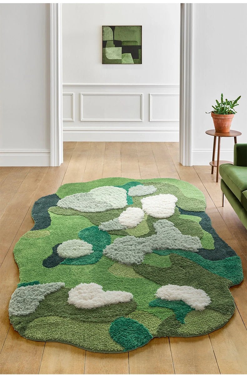 Tufted Green Irregular sized Aesthetic Thick Bedroom Rug