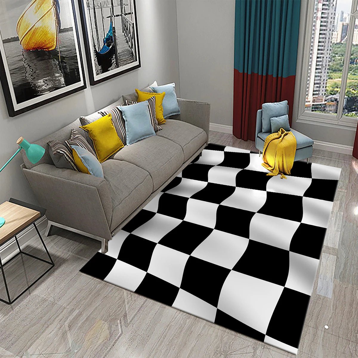 Black and White Checkerboard Plaid Carpet Moroccan Style - Rectangle Scenic Design