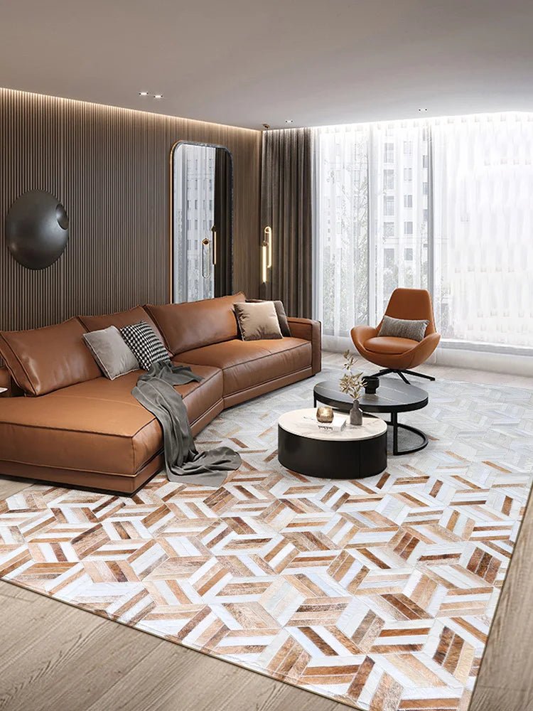 Large Luxury Cowhide Stitching Geometric Rug For Living Room