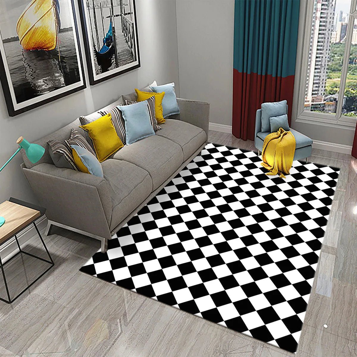 Black and White Checkerboard Plaid Carpet Moroccan Style - Rectangle Scenic Design