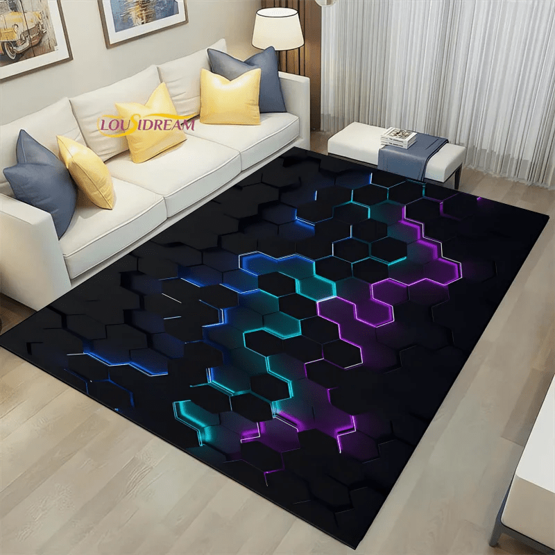 Geometric Dark Neon Lights Home Play Gaming Room Decor Rug