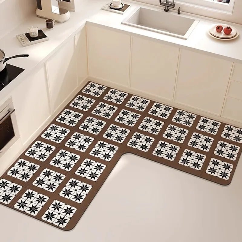 Retro Plaid Kitchen L-Shaped Flower Carpet Geometric Pattern PVC Floor Rugs