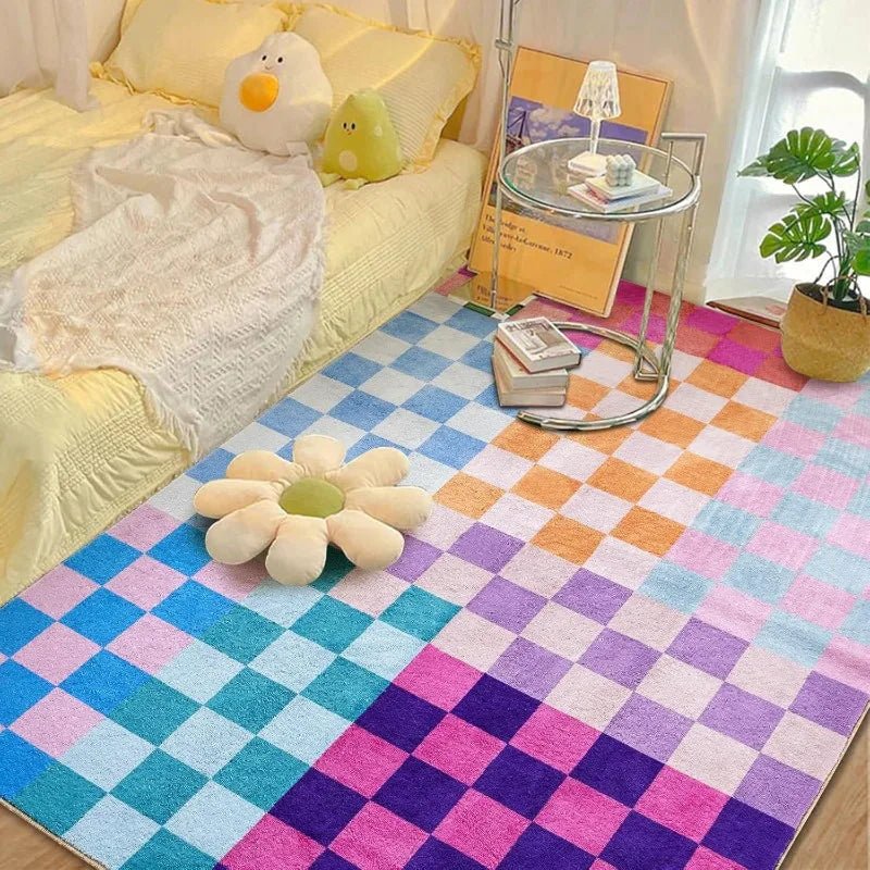 Multicolored Checkerboard Rug Retro Funky Rugs for Living Dining Room