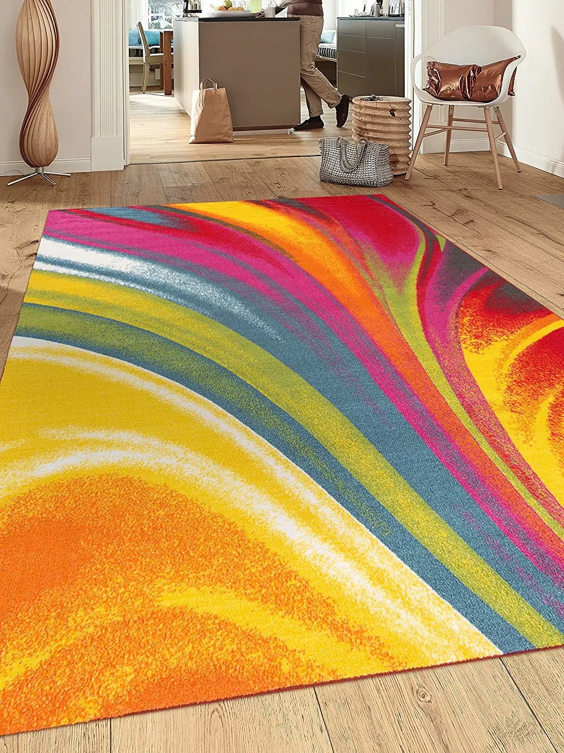 Contemporary Colorful Bright Waves Non Slip Flannel Modern Multi Color Rugs