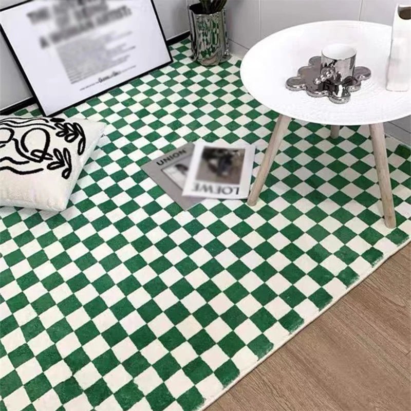 Retro Green White Checkered Moroccan Rugs for Living Room - Home Decor