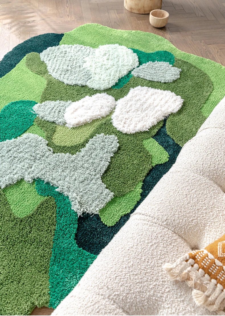 Tufted Green Irregular sized Aesthetic Thick Bedroom Rug