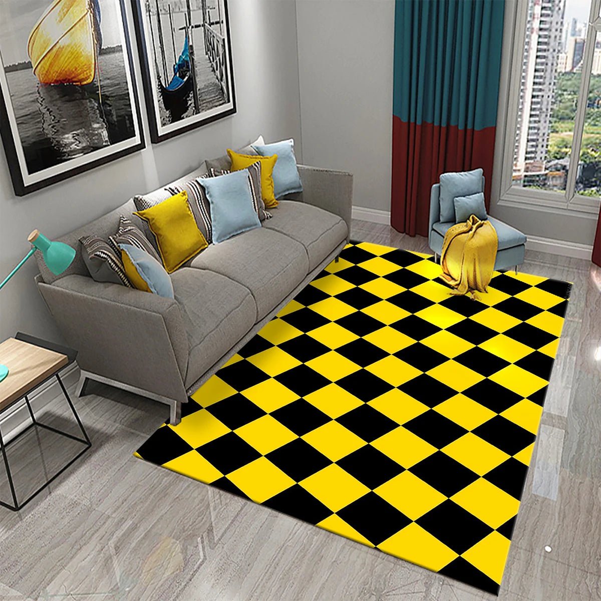 Black and White Checkerboard Plaid Carpet Moroccan Style - Rectangle Scenic Design