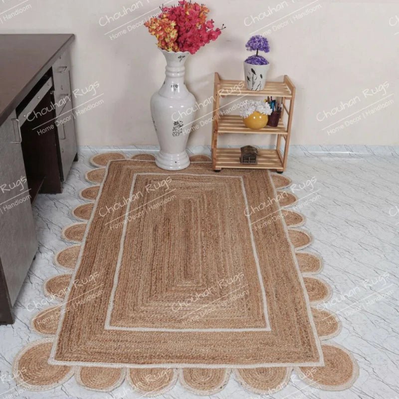 Indian Hand Braided Natural Jute Rug White Scalloped Runner Rugs