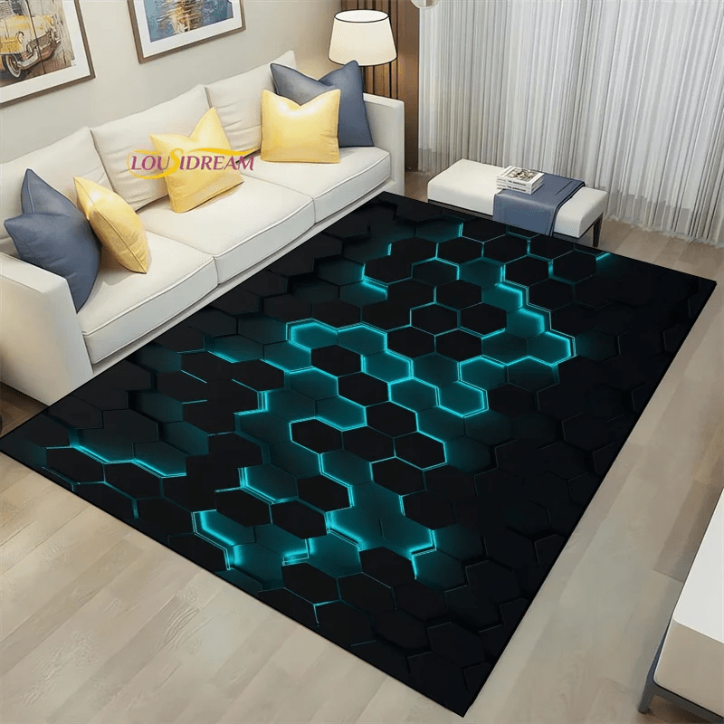 Geometric Dark Neon Lights Home Play Gaming Room Decor Rug