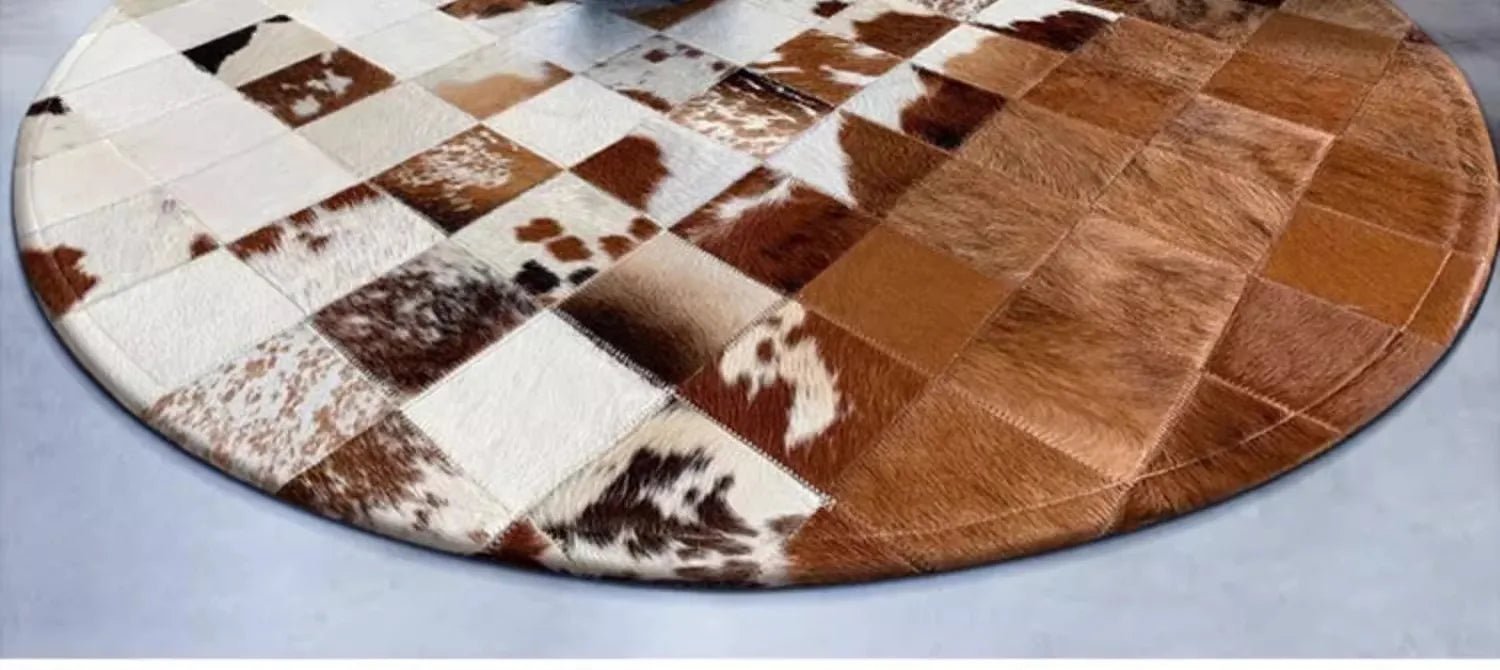 Handmade Patchwork Genuine Cowhide Round Rug For Bedroom