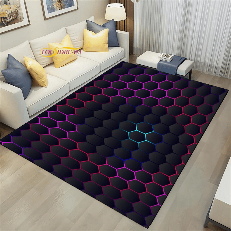 Geometric Dark Neon Lights Home Play Gaming Room Decor Rug