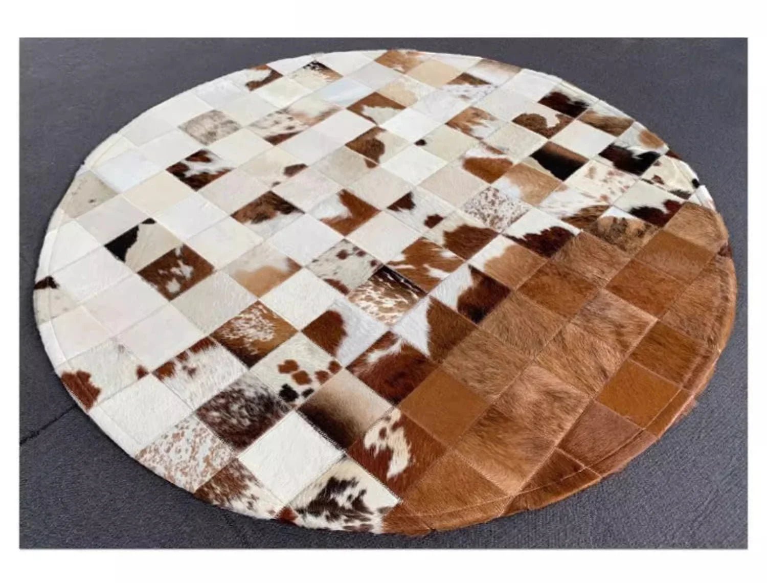 Handmade Patchwork Genuine Cowhide Round Rug For Bedroom