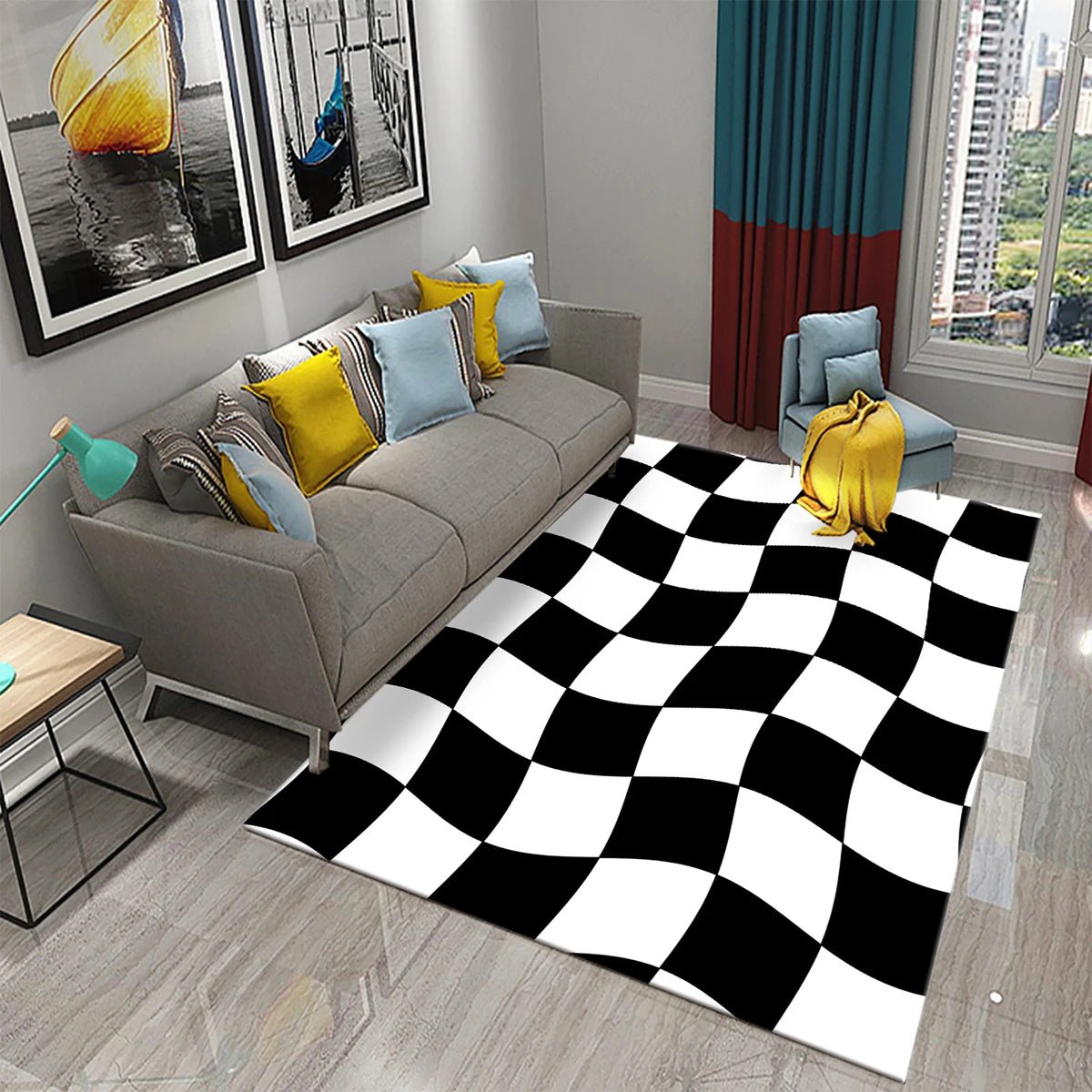 Black and White Checkerboard Plaid Carpet Moroccan Style - Rectangle Scenic Design