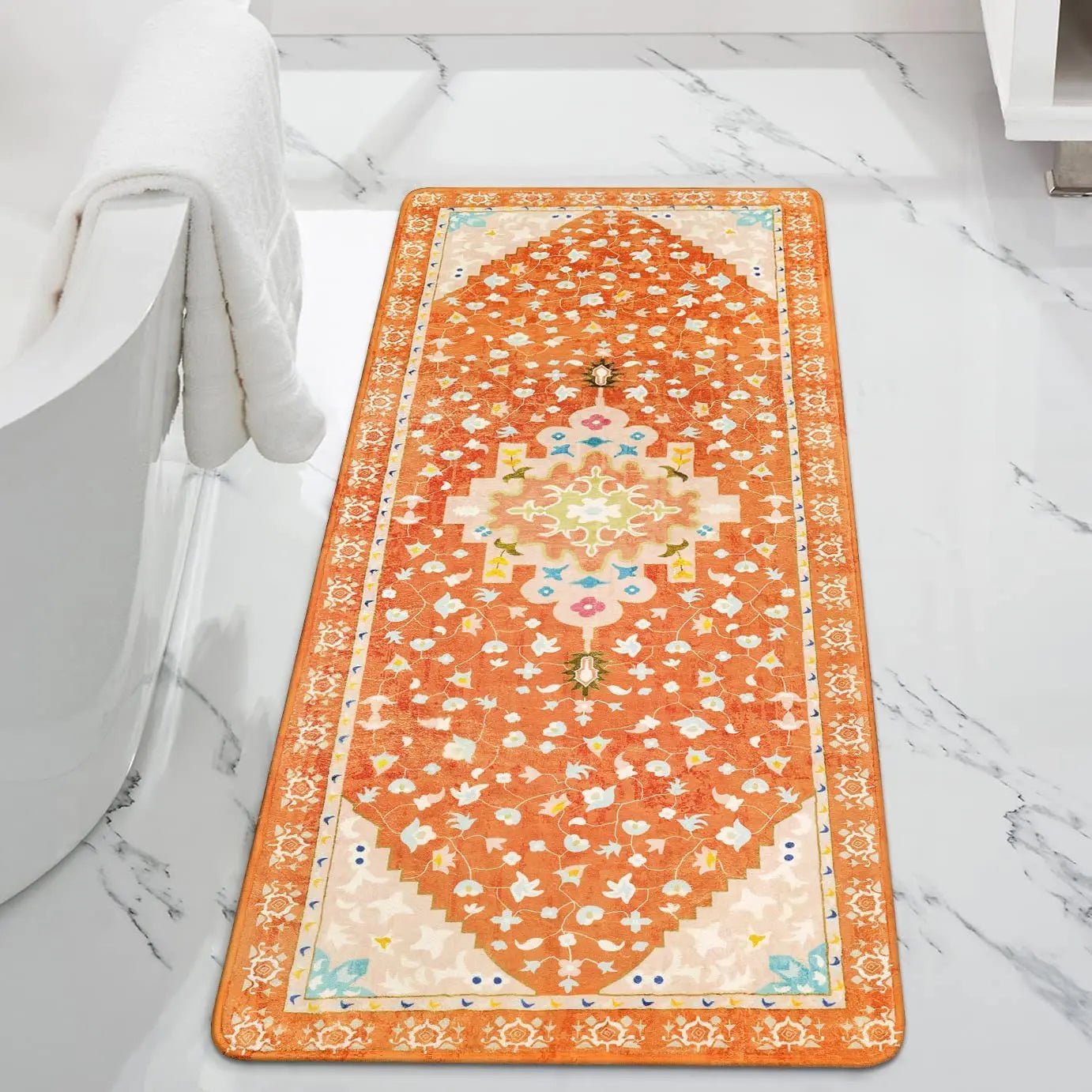 Boho Living Room  Orange Washable Entryway Area Rug